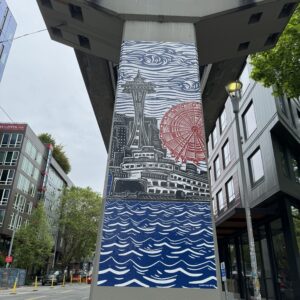 linocut print on monorail column of Space Needle, Seattle Great Wheel, and a ferry on Puget Sound